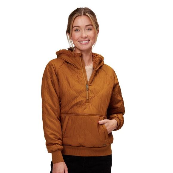 Prana Large Womens Clay Red Elsa 1/2 Zip Pullover Fleece Lined Jacket Coat Hood - Picture 1 of 8